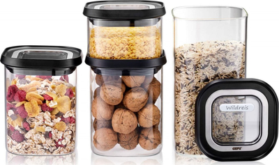 Set enësh ruajtëse GEFU PANTRY, 4 copë, 400 ml 2x900 ml 1400 ml, kapakë të zinj argjendtë