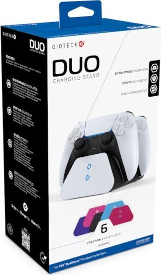 Stacion karikues Gioteck Duo për kontrollorë PS5, karikon 2 kontrollorë, USB C, i bardhë