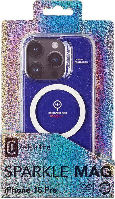 Kapak telefoni Cellularline Sparkle Mag për iPhone 15 Pro, MagSafe, transparent me xixa