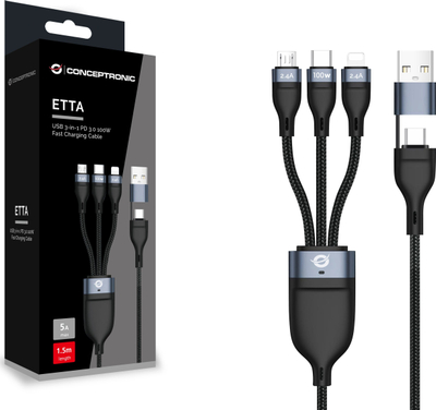 Kabllo USB Conceptronic 3 më 1, USB C A 3.0, 100 W, 1.5 m