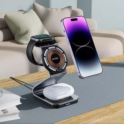 Безжичен полнач 3n1 MagSafe Qi, 15W, за iPhone Apple Watch AirPods, бел