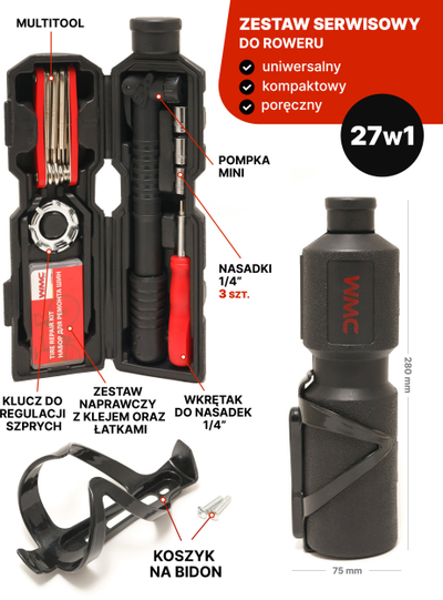 Set mjetesh biçiklete WMC Tools WMC-2727B, 27 pjesë, me shishe uji, i zi
