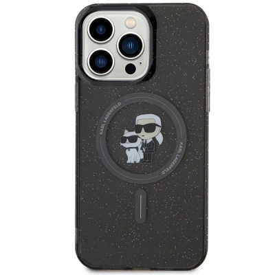 Futrollë telefoni Karl Lagerfeld Karl &amp; Choupette MagSafe, për iPhone 15 Pro Max, me shkëlqim, e zezë