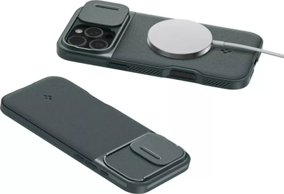 Kapotë telefoni Spigen Optik Armor MagSafe për iPhone 16 Pro, mbrojtje hibride, me kapak kamere, jeshile Abyss