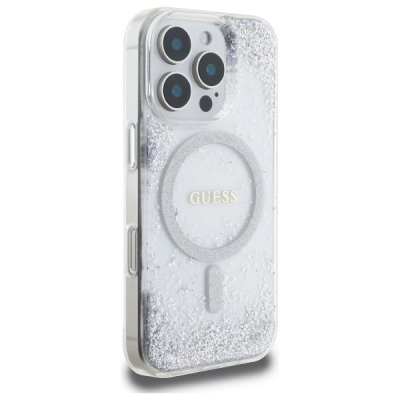 Kukull telefoni Guess Resin Gradient Glitter për iPhone 16 Pro 6.3", MagSafe, ngjyrë argjendi