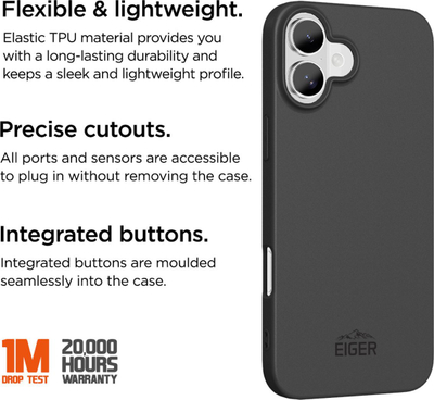 Mbulesë telefoni Eiger Grip Case për iPhone 16 Plus, TPU, ultra e hollë, e zezë