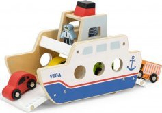 Lodër druri Viga Ferry Ship, traget me makina dhe figura, shumëngjyrëshe