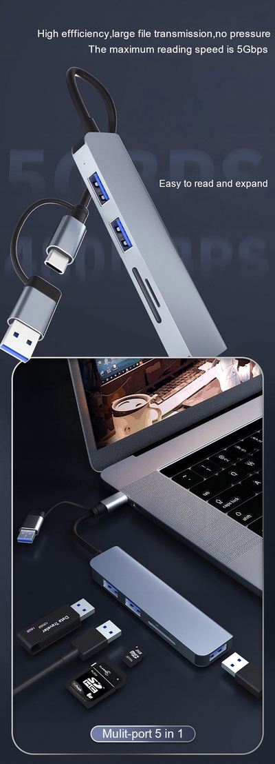 HUB USB Bounn 5w2, USB Type C, USB 3.0, USB 2.0, SD TF, gri