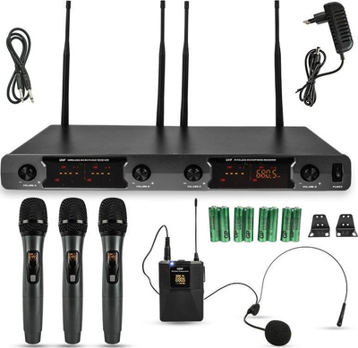 Sistem mikrofonësh pa tel NN WMIC4, 4 kanale UHF, me 3 mikrofona dore edhe headset, i zi