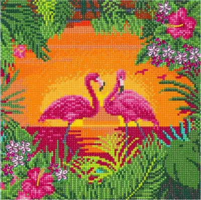 Set Crystal Art CrafT Buddy CA Kit Medium Fancy Flamingoes, tablo murale, kornizë druri, shumëngjyrëshe