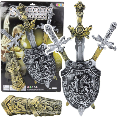 Set kalorësi për fëmijë Lean Toys Knight, 3 shpata, mburojë dhe mbrojtëse, shumëngjyrësh