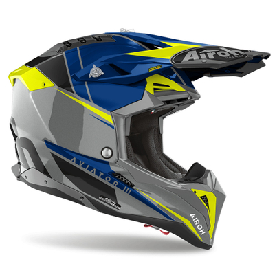 Helmetë motocross Airoh Aviator 3 Push, karbon, madhësia S, gri blu neon e verdhë e zezë