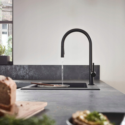 Славина за кујна Hansgrohe Talis, со една рачка, извлекувачки излив, црна