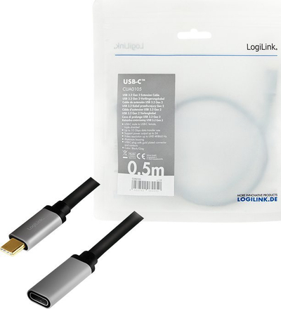 Kabllo USB LogiLink CUA0105, USB C në USB C, 0.5 m, USB 3.2 Gen 2, e zezë gri