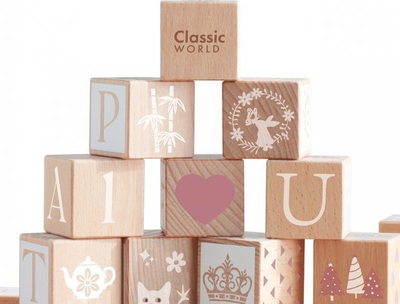 Коцки од дрво Classic World Iris, 29 парчиња, буково дрво, со вреќа за чување, неутрални бои