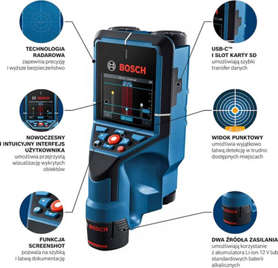 Detektor muri Bosch D TECT 200 C, skaner 20 cm, ekran LCD, blu