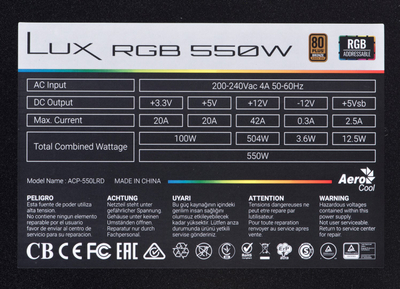 Furnizim energjie AeroCool LUX RGB 550W, 80Plus Bronze, 12cm, i zi
