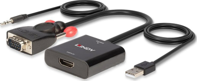 Konvertues video Lindy VGA në HDMI, audio stereo, Full HD 1080p, i zi