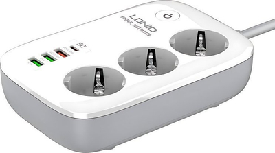 Prizë e zgjuar Wi‑Fi Ldnio SEW3452, 3 dalje AC, 4 porta USB, 30W, e bardhë