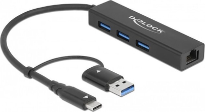 Hub USB DeLOCK 3 Porta USB 3.2 Gen 1, Gigabit LAN, USB Type C edhe USB Type A, gri metal