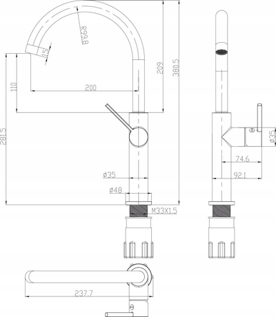 Rubinet kuzhine Omnires Tula TL6050BL, gryke që rrotullohet, ECO WATER, i zi mat