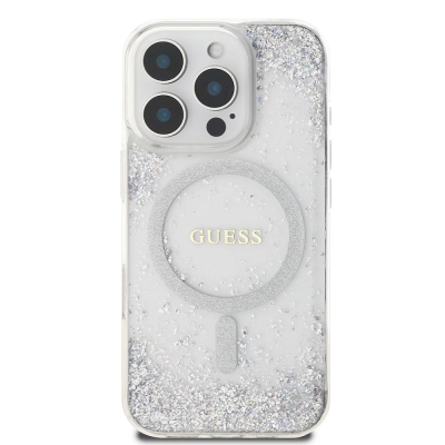 Kopertinë Guess Resin Gradient Glitter MagSafe për iPhone 16 Pro Max 6.9", plastike e fortë, ngjyrë argjendi