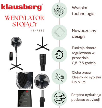 Ventilator në këmbë Klausberg KB-7885, 41cm, 50W, me telekomandë, i zi