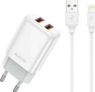 Karikues rrjeti Jellico EU02, 2x USB 2.4A, me kabllo Lightning, i bardhë