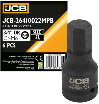 Çorape goditëse JCB, 3/4", bit imbus 22 mm, e zezë