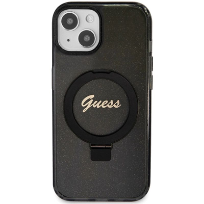 Futrollë Guess GUHMP13MHRSGSK për iPhone 13 14 15 6.1", hardcase me unazë stand MagSafe, e zezë me shkëlqim