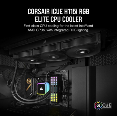Ftohës procesori CORSAIR iCUE H115i RGB ELITE, 280mm, me ujë, i zi