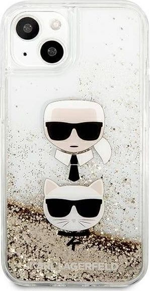 Капак за телефон Karl Lagerfeld Liquid Glitter Karl &amp; Choupette, за iPhone 13 Mini 5.4", тврда маска, златна боја