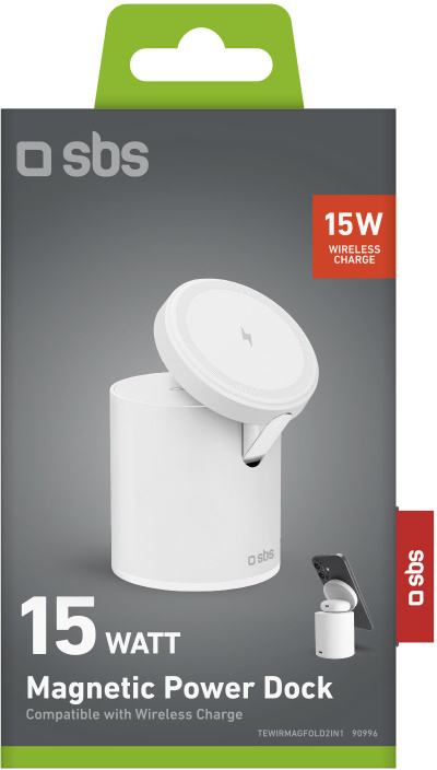 Полнач со магнетна база SBS Power Dock TEWIRMAGFOLD2IN1, 2 во 1, 15W, бел