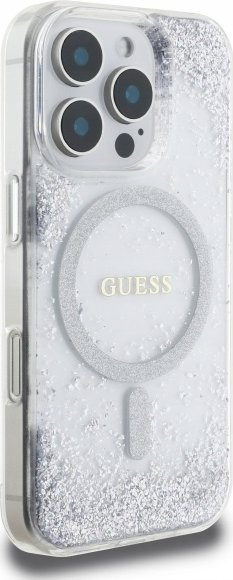 Kapotë Guess Resin Gradient Glitter me MagSafe për iPhone 16 Pro 6.3", e argjendtë