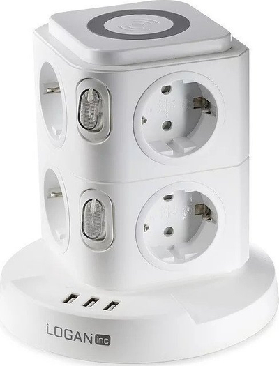 Zgjatës vertikal Logan WS8-2, 8 priza, 3x USB, karikim wireless 5W, i bardhë