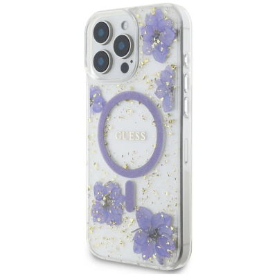 Футрола за телефон Guess Resin Flowers MagSafe за iPhone 16 Pro, проѕирна, виолетова