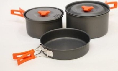 Set gatimi kampingu Hard Anodised, për 4 persona, anodizim i fortë, gri