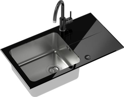 Lavabo kuzhine Steiner Hugh 111, çelik SteelQ, plan xhami i zi HardQ, me rubinet