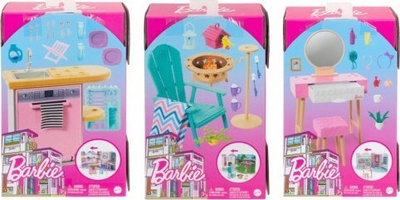 Set mobiljesh lodër Mattel Barbie Furniture Playset, aksesorë për shpinë, modele të përziera, shumëngjyrëshe
