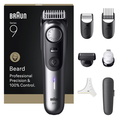 Trimmer mjekre Braun Series 9 BT9520, rrotë rregulluese precize, komplet me krehra dhe këllëf, ngjyrë metalike