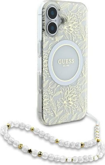 Mbulesë telefoni Guess GUHMP16SHCPOFPH për iPhone 16 6.1", MagSafe, e bardhë me lule