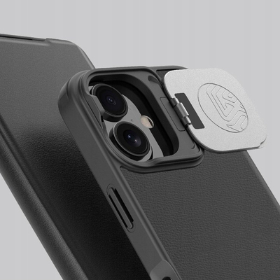 Futrollë Nillkin Qin Leather për iPhone 16 Pro Max, me kapak, me mbrojtje kamere, e zezë