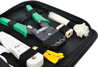 Set mjete rrjeti NS-468, tester kabllosh RJ45 RJ11, Cat5e Cat6, me çantë, ngjyrë e zezë