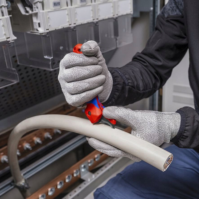 Thikë zhveshëse Knipex 16 50 145 SB, me këpucë udhëzuese, teh i palosshëm, e kuqe