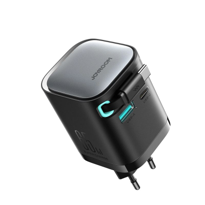 Karikues muri Joyroom TCL02 GaN, 65W, me kabllo USB‑C tërheqëse, i zi