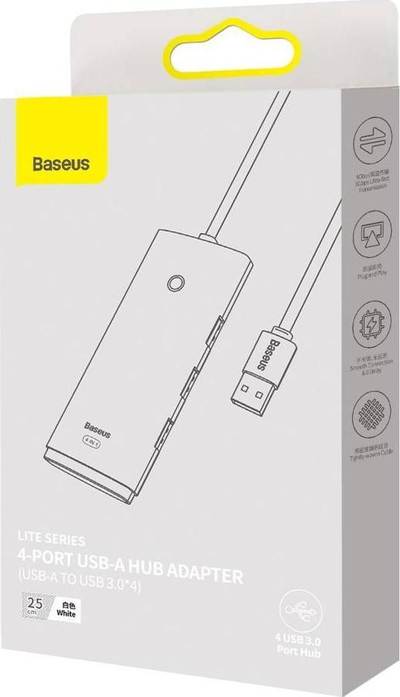 Adapter USB Baseus WKQX030002, USB 3.0 me 4 porta, kabllo 25 cm, i bardhë