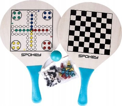 Set lojrash Spokey Beach Badminton 3 në 1 Chess Ludo, raketa druri, çantë rrjete, shumëngjyrësh