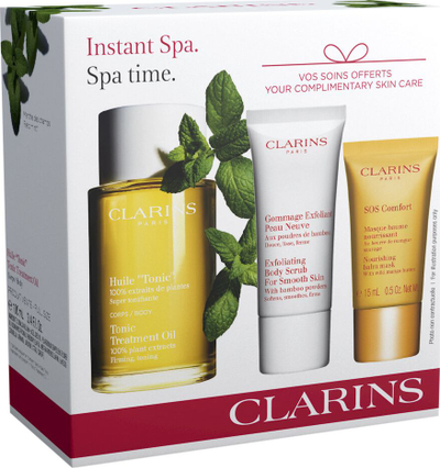 Set për kujdes trupit edhe ftyrës Clarins Spa at Home, 3 copë, vaj trupi 100 ml, skrab trupi 30 ml