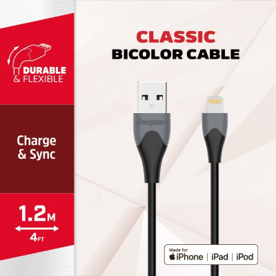 Kabllo karikimi Energizer Classic USB A në Lightning, 1.2 m, MFi, e zezë
