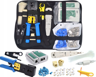Set veglash rrjeti Pass Through, krimponues RJ45 RJ11, tester kabllosh, me çantë